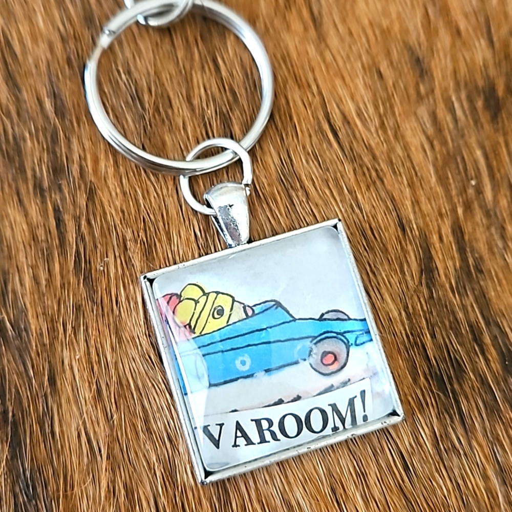 1970s Richard Scarry book page keyring racer mouse upcycled page ooak